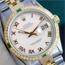 ROLEX DATEJUST WATCH MENS TWO-TONE 18KY & STEEL WHITE ROMAN DIAMOND-EMERALD 36MM