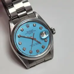 ROLEX DATE 34 MM BLUE TURQUOISE DIAMOND DIAL STEEL OYSTER WATCH 1500 CIRCA 1979