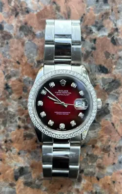 ROLEX 16014 DATEJUST 36MM CUSTOM RED VIGNETTE DIAL STAINLESS STEEL