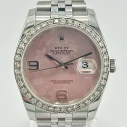 ROLEX DATEJUST SS DIAMOND BEZEL  SILVER FLORAL DIAL 116200 REHAUT OYSTER B & P