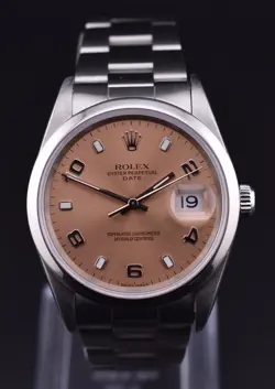 ROLEX OYSTER PERPETUAL DATE 34MM SALMON PINK STAINLESS STEEL - 15200