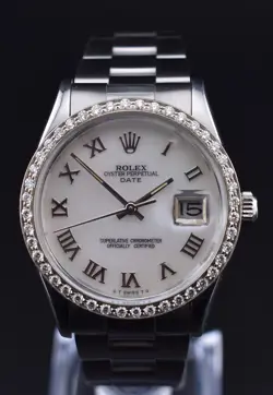 ROLEX DATE 34MM STEEL OYSTER WITH WG DIAMOND BEZEL & MOP ROMAN DIAL -15000