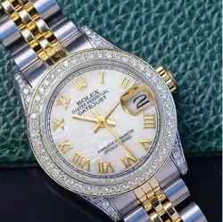 ROLEX DATEJUST LADIES TWO-TONE WATCH GOLD & SS WHITE MOP DIAL DIAMOND BEZEL LUGS