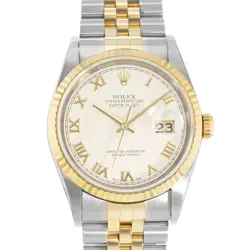 ROLEX DATEJUST 36 16233 IVORY ROMAN FLUTED YELLOW GOLD STEEL MENS WATCH 1990