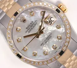 ROLEX DATEJUST TWO TONE GOLD/SS-WHITE MOP DIAMOND DIAL-BLACK GEM & DIAMOND BEZEL