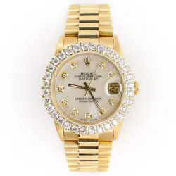 ROLEX PRESIDENT YELLOW GOLD 31MM WATCH W/CUSTOM 2.25CT DIAMOND BEZEL/WHITE MOP