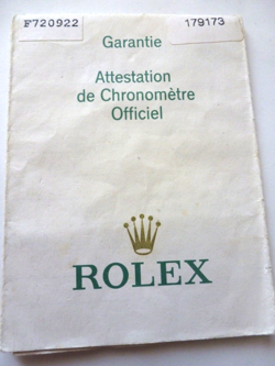 100% ORIGINAL ROLEX REFERENCE 179173 WARRANTY PAPER FROM F SERIER