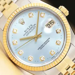 ROLEX MENS DATEJUST 16013 ICE BLUE DIAMOND DIAL 18K YELLOW GOLD & STEEL WATCH