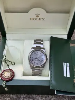 ROLEX 114200 AIR KING SILVER ROMAN OYSTER W/ BOX & CARD 34MM