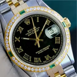 ROLEX DATEJUST WATCH MENS TWO-TONE 18KY & STEEL BLACK ROMAN DIAMOND-EMERALD 36MM