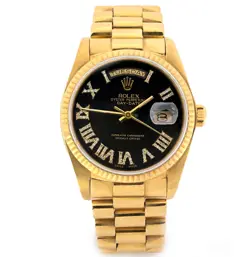 36MM ROLEX DAY DATE 18K YELLOW GOLD PRESIDENTIAL BLACK DIAL FLUTED BEZEL WATCH