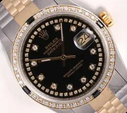 ROLEX DATEJUST 36MM TWO-TONE JUBILEE 18K DIAMOND BEZEL BLACK STRING DIAMOND DIAL
