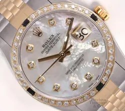 ROLEX DATEJUST TWO-TONE JUBILEE WHITE MOP DIAMOND DIAL BLACK GEM & DIAMOND BEZEL