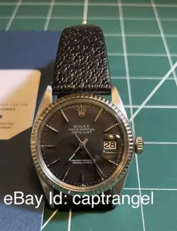 ROLEX DATEJUST STEEL WHITE GOLD BLACK DIAL VINTAGE MENS WATCH 1601