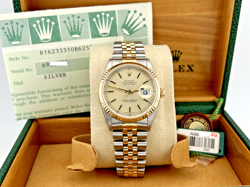 ROLEX DATEJUST 16233 36MM SILVER DIAL 18K GOLD STEEL BOX PAPERS SERVICE RECEIPT