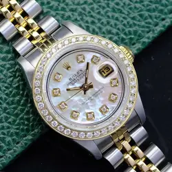 ROLEX WATCH LADIES DATEJUST TWO-TONE WHITE MOP DIAMOND DIAL DIAMOND BEZEL 26MM