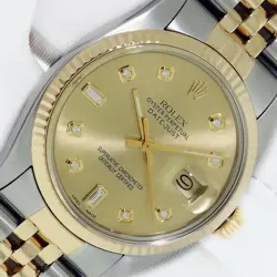 ROLEX DATEJUST 2-TONE QS CHAMPAGNE DIAMOND DIAL 18K GOLD FLUTED BEZEL MENS WATCH