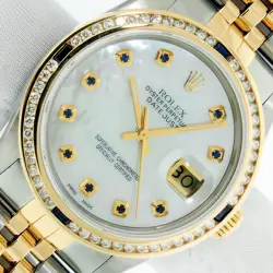 ROLEX DATEJUST 2-TONE QUICKSET 18K YELLOW GOLD DIAMOND SAPPHIRE BEZEL MENS WATCH
