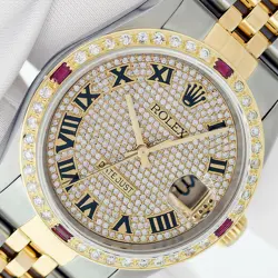 ROLEX DATEJUST 2-TONE PAVE DIAMOND 18K YELLOW GOLD DIAMOND RUBY BEZEL MENS WATCH
