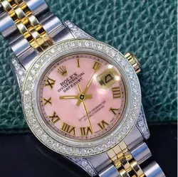 ROLEX DATEJUST LADIES TWO-TONE WATCH GOLD & SS PINK MOP DIAL DIAMOND BEZEL LUGS