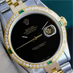 ROLEX DATEJUST WATCH MENS TWO-TONE 18KY & STEEL BLACK DIAL DIAMOND-EMERALD 36MM