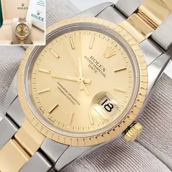 ROLEX DATE 34MM 2-TONE YELLOW GOLD/STEEL CHAMPAGNE DIAL OYSTER 15223 BOX PAPERS