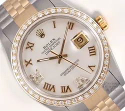 ROLEX DATEJUST 36MM TWO TONE SS 18K DIAMOND BEZEL WHITE MOP DIAMOND ROMAN DIAL