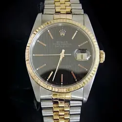 ROLEX DATEJUST MENS 18K GOLD STAINLESS STEEL WATCH JUBILEE BLACK TAPESTRY 16233