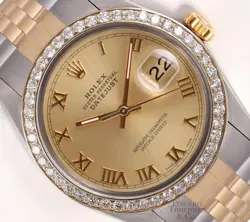 ROLEX DATEJUST 36MM 18K TWO-TONE JUBILEE DIAMOND BEZEL CHAMPAGNE ROMAN DIAL
