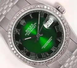 ROLEX DATEJUST 36MM STAINLESS STEEL JUBILEE DIAMOND BEZEL GREEN VIGNETTE ROMAN