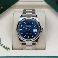 ROLEX DATEJUST 36 BLUE INDEX DIAL STAINLESS STEEL SMOOTH BEZEL OYSTER BRACELET