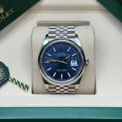 ROLEX DATEJUST 36 BLUE INDEX DIAL STAINLESS STEEL SMOOTH BEZEL JUBILEE BRACELET