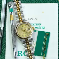 B/P ROLEX DATEJUST 69173 CHAMPAGNE DIAMOND DIAL 26MM FLUTED BEZEL JUBILEE BAND