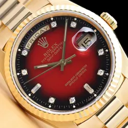 ROLEX MENS DAYDATE FACTORY DIAMOND RED VIGNETTE 18K YELLOW GOLD PRESIDENT WATCH