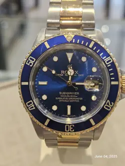ROLEX SUBMARINER DATE  MENS 18K YELLOW GOLD & STEEL WATCH BLUE DIAL BEZEL 16613