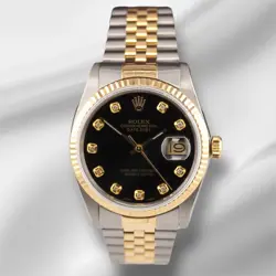 ROLEX DATEJUST 36MM 18KYELLOW GOLD & STEEL FLUTED BLACK DIAMOND DIAL WATCH 16013