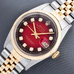 ROLEX MENS DATEJUST RED VIGNETTE DIAMOND STEEL AND 18K GOLD FLUTED BEZEL WATCH