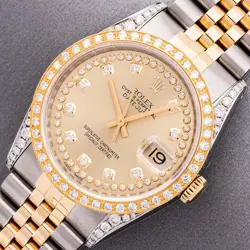 ROLEX MENS DATEJUST CHAMPAGNE DIAMOND DIAL STEEL & 18K GOLD DIAMOND BEZEL WATCH