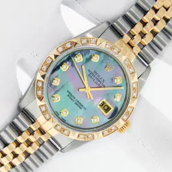 ROLEX DATEJUST MOP DIAMOND DIAL STEEL AND 18K YELLOW GOLD DIAMOND BEZEL WATCH