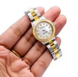 LADIES 26MM ROLEX OYSTER PERPETUAL SS/10K GOLD 1.5CTW DIAMOND BEZEL MOP WATCH