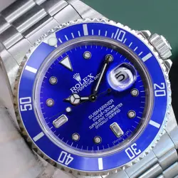 ROLEX MENS SUBMARINER 16610 STAINLESS STEEL BLUE DIAMOND WATCH W/ BOX & PAPER