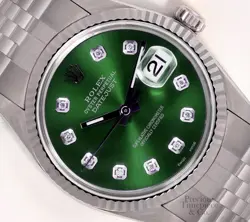 ROLEX DATEJUST STAINLESS STEEL 36MM 18K FLUTED BEZEL WATCH-GREEN DIAMOND DIAL