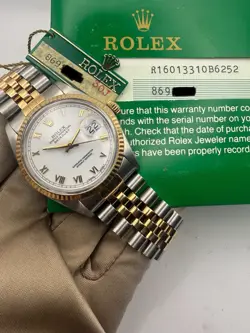 1985 ROLEX DATEJUST 36 16013, STEEL & GOLD, WHITE ROMAN DIAL, BOX & PAPERS