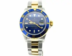 MENS ROLEX SUBMARINER 18K YELLOW GOLD STAINLESS STEEL WATCH BLUE DATE SUB 16613