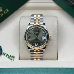 ROLEX DATEJUST 31 GREEN ROMAN DIAMOND 6 DIAL TWO TONE YELLOW GOLD FLUTED JUBILEE