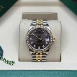 ROLEX DATEJUST 31 DARK GRAY DIAMOND TWO TONE YELLOW GOLD DIAMOND BEZEL JUBILEE