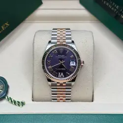 ROLEX DATEJUST 31 AUBERGINE PURPLE ROMAN TWO TONE ROSE GOLD FLUTED BEZEL JUBILEE
