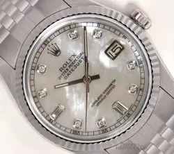 ROLEX MEN DATEJUST 36MM STEEL WATCH FLUTED BEZEL-WHITE MOP BAGUETTE DIAMOND DIAL