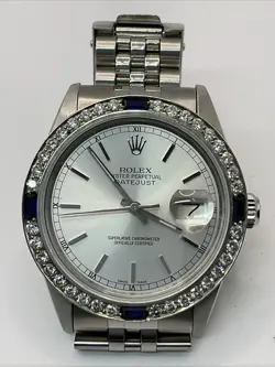ROLEX DATEJUST MENS WATCH SILVER INDEX DIAL DIAMOND-SAPPHIRE BEZEL 1.32TDCW 36MM