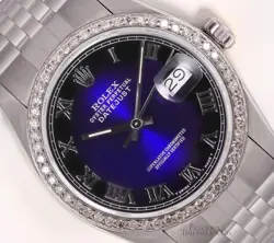ROLEX DATEJUST 36MM STAINLESS STEEL BLUE VIGNETTE ROMAN DIAL DIAMOND BEZEL